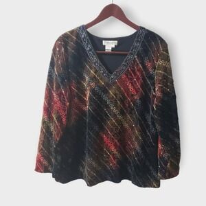 Coldwater Creek Velvet Burnout Sequin Top V-Neck Multi-Color Floral Blouse Sz XL